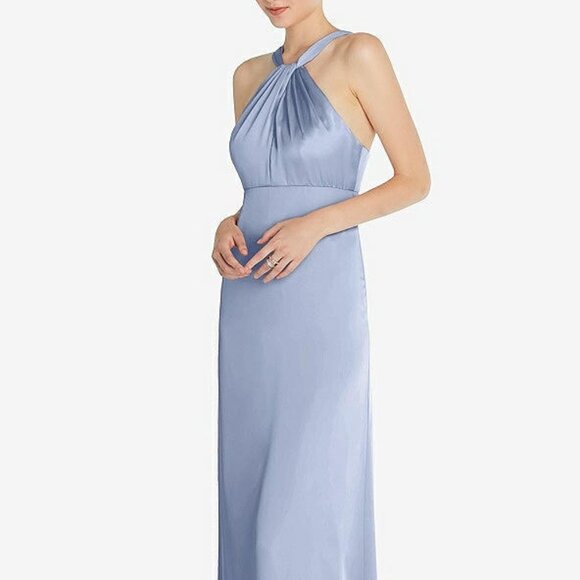 After Six 6855...Draped Twist Halter Low-Back Satin Empire Dress...Blue...Sz 12 - Picture 5 of 7